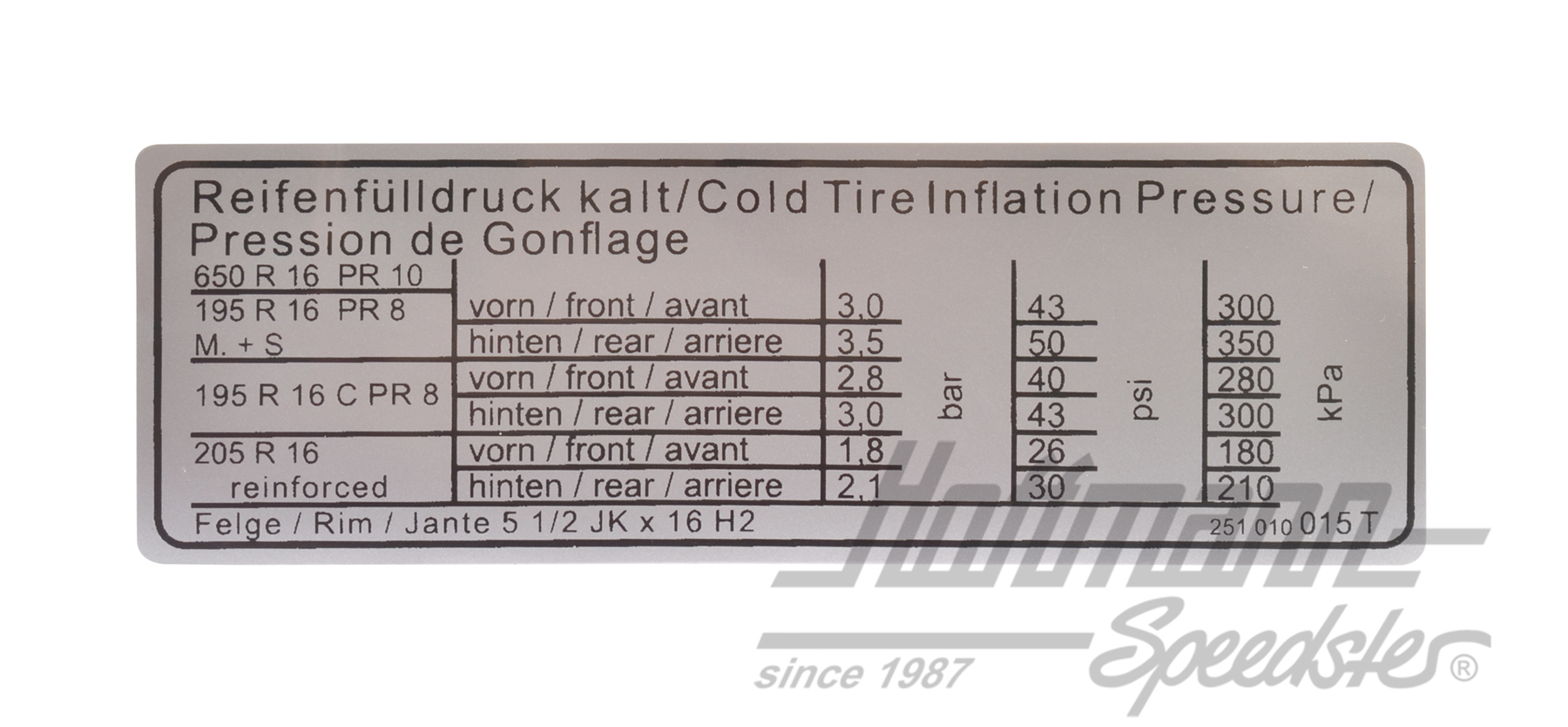 Autocollant "Pression pneumatique", Bus T3, 16" | 251 010 015 T | 021-0197-16