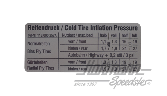 Autocollant "Pression pneumatique", Cox/Karmann Ghia | 113 000 257 A | 021-0197