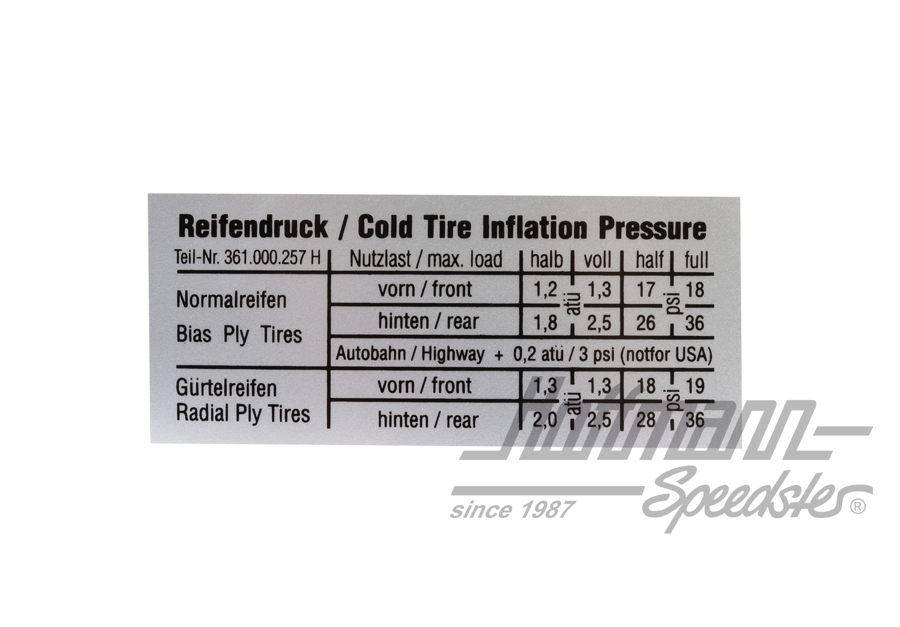 Autocollant "Pression pneumatique", Type 3 | 361 000 257 H | 021-0197-03